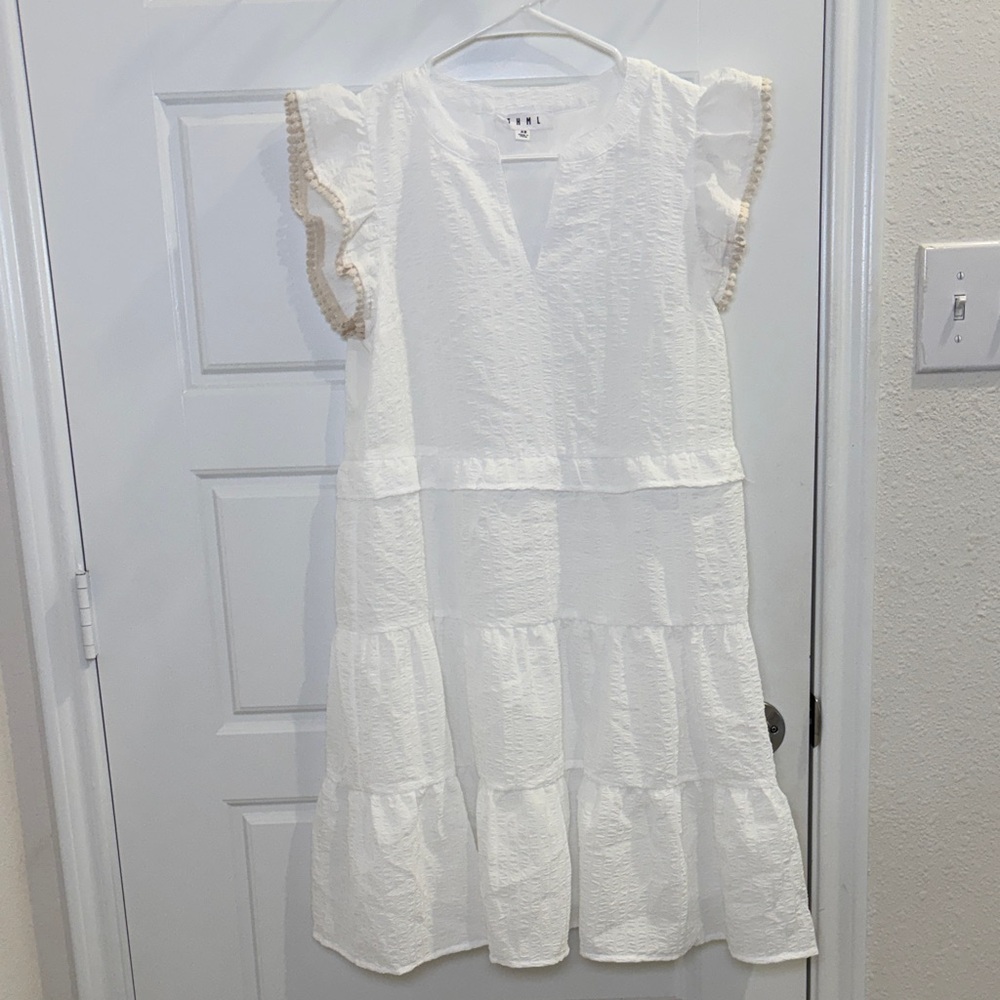 Thml White Textured Tiered Mini Dress Flutter Sleeve Xs